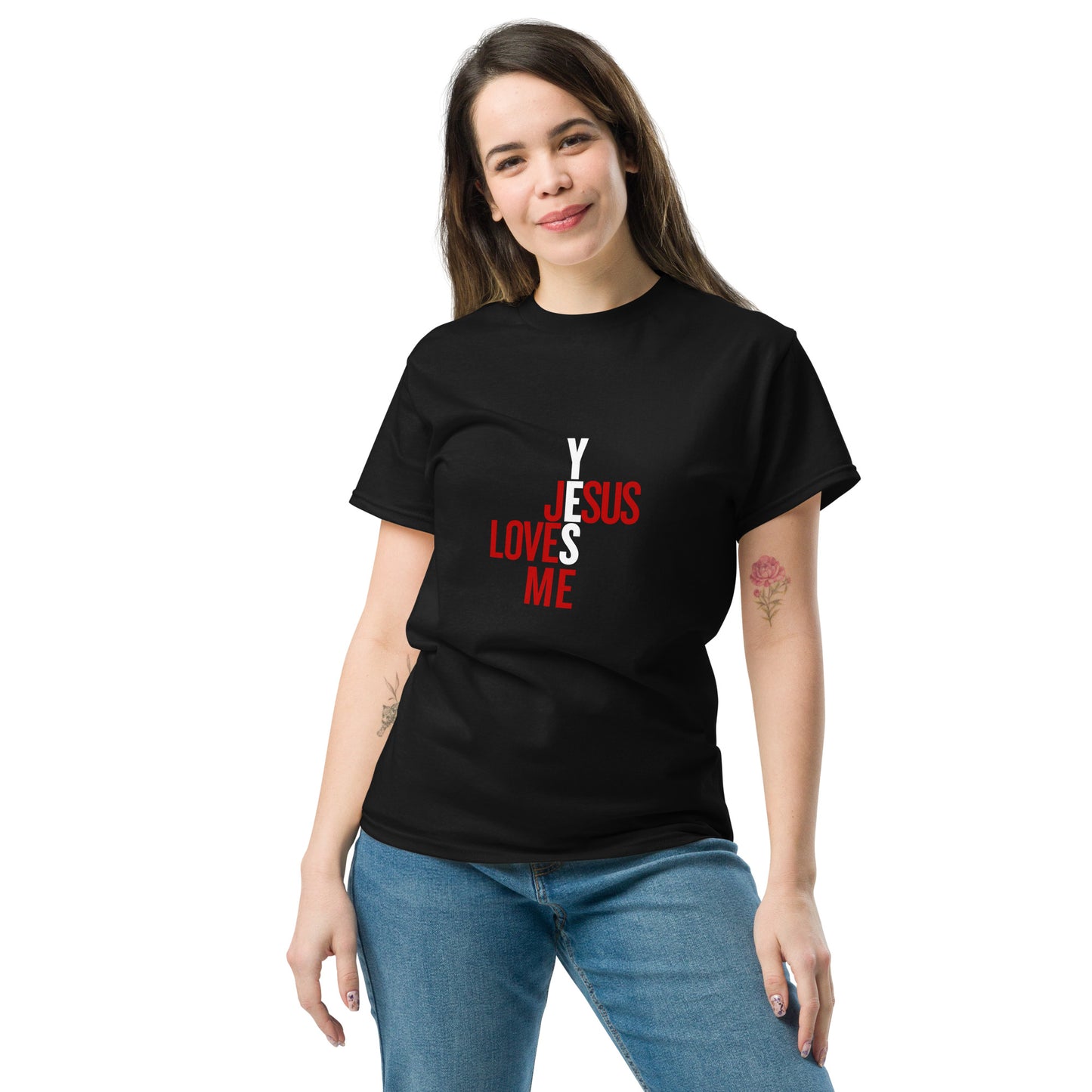 Adult Unisex Black classic t-shirt, Yes Jesus Loves Me