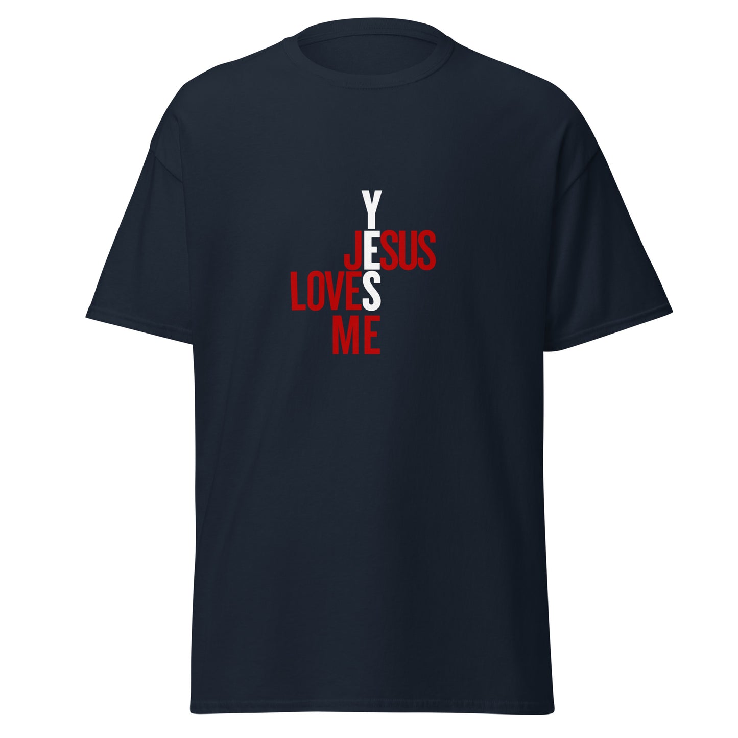 Unisex Adult Navy classic tee, Yes, Jesus Loves Me