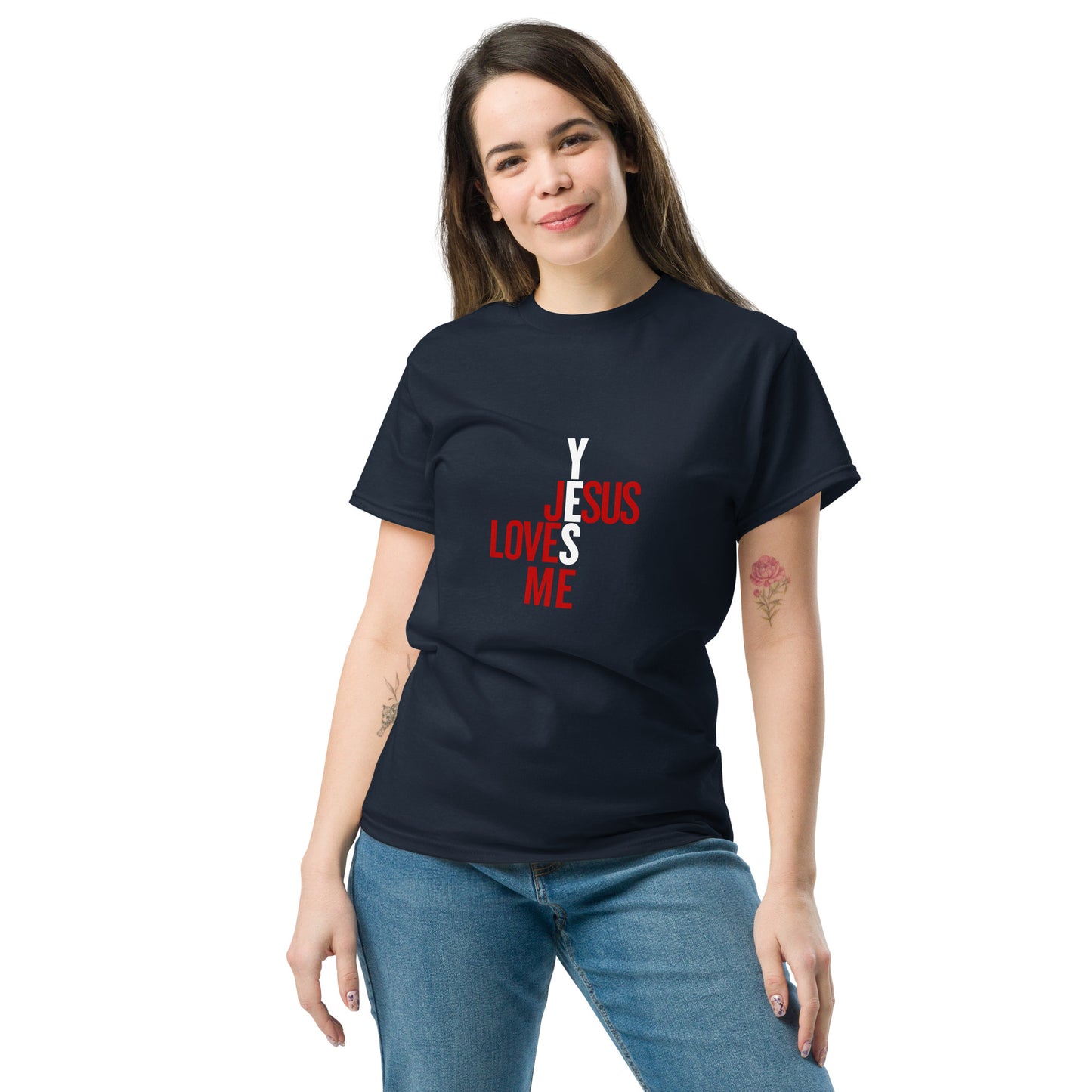 Unisex Adult Navy classic tee, Yes, Jesus Loves Me