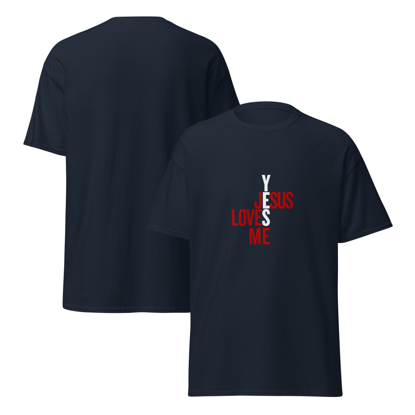 Unisex Adult Navy classic tee, Yes, Jesus Loves Me