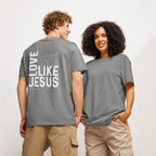 grey christian t-shirt back view with graphic design. 