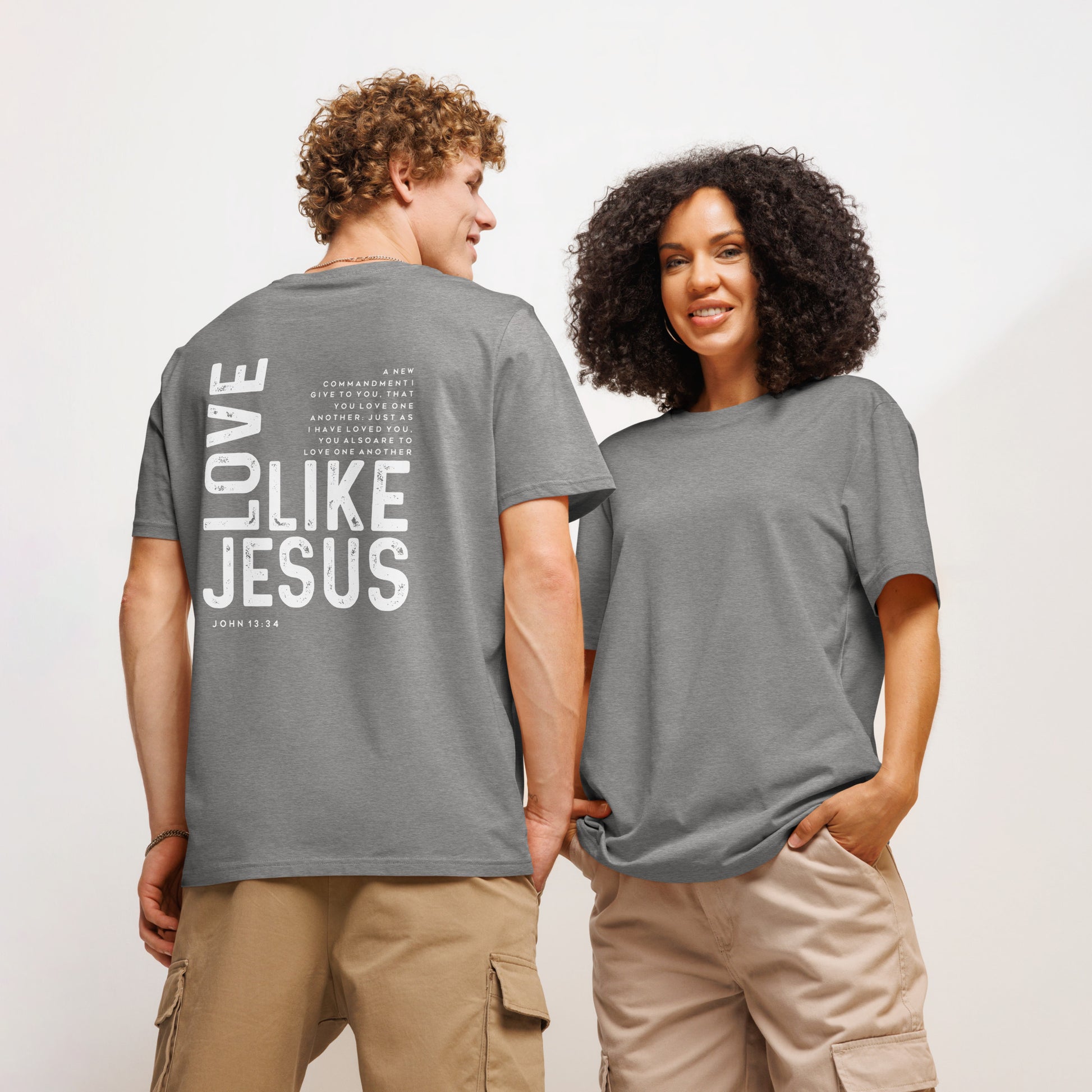 grey christian t-shirt back view with graphic design. 