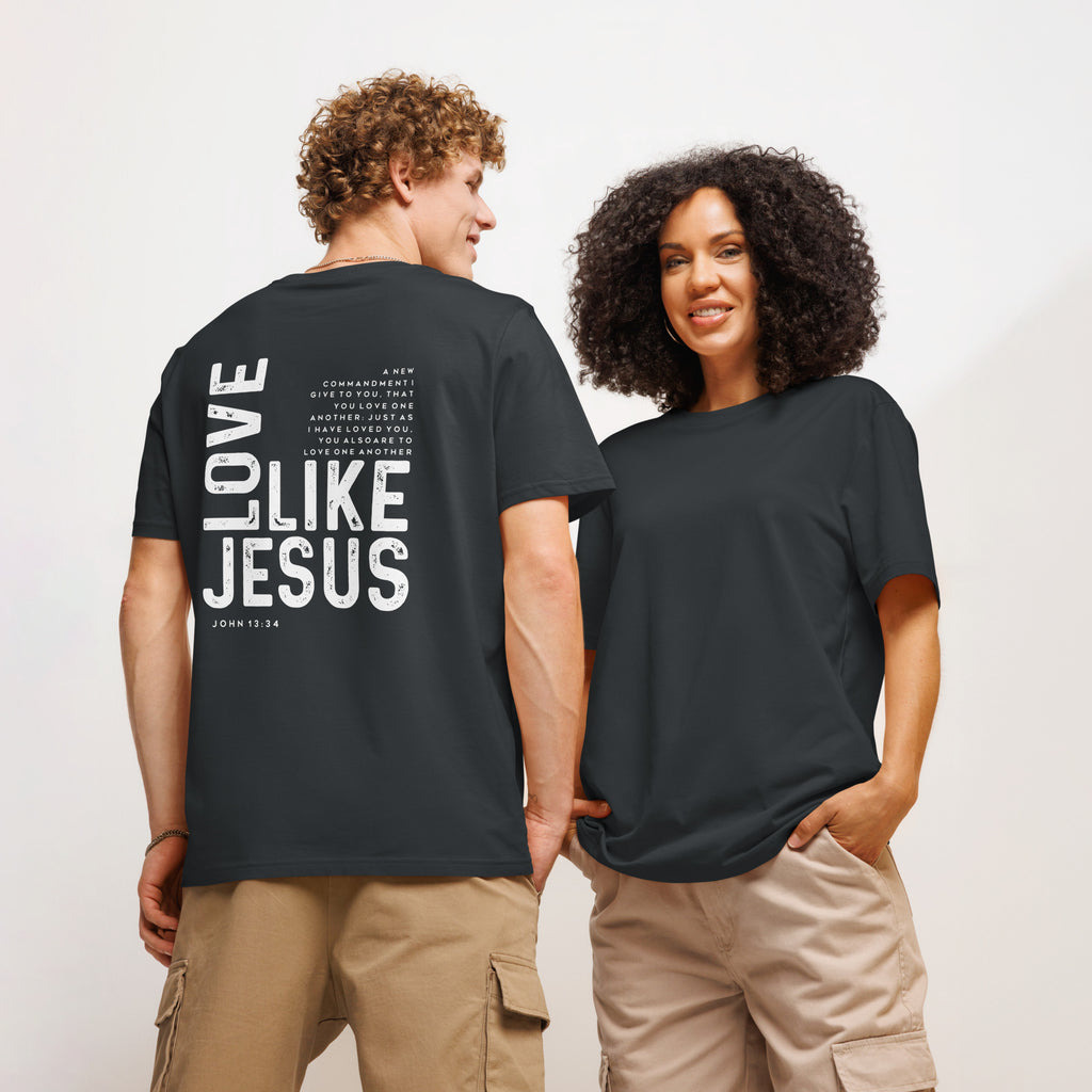 dark grey christian t-shirt back view with graphic design